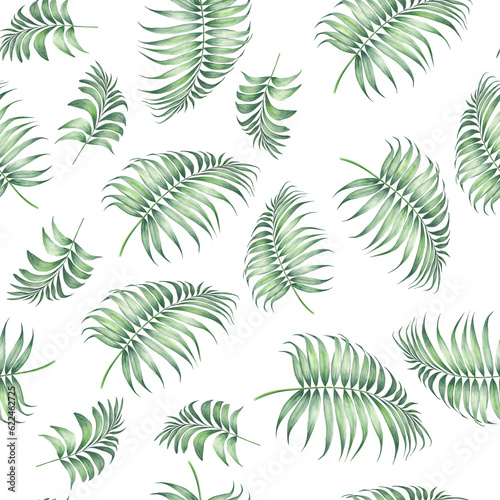 Tropical seamless pattern. Green watercolor leaf