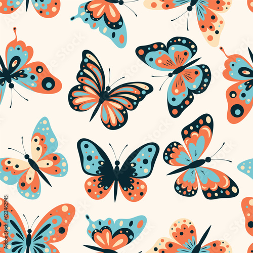 Vector Seamless Pattern with Flat Butterflies. Multicolored Butterflies with Different Wings. Decorative Design Element, Seamless Print. Vector illustration