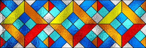 Stained glass window. Seamless abstract colorful stained-glass background. Art Deco geometric decor for interior. Vintage pattern. Transparency. Multicolor template for design luxury modern interior.