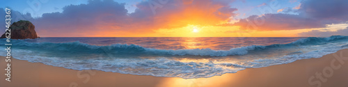 Panorama of a sunset over the ocean with waves crashing on the shore and a lone rock in the water. Seascape illustration with sand beach  cloudy sky and setting sun. Generative AI