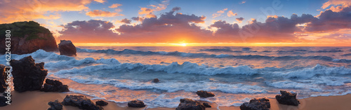 Panorama of a sunset over the ocean with waves crashing on the shore, rocks in the water, big stones in the foreground. Seascape illustration with sand beach, cloudy sky and setting sun. Generative AI