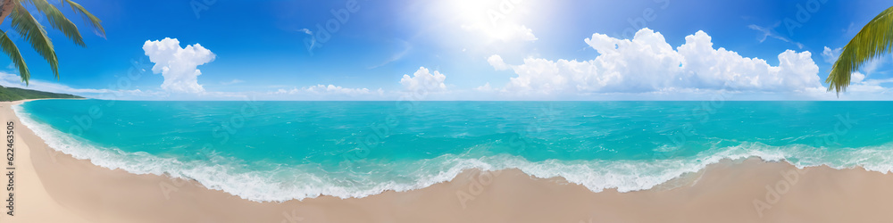 Fototapeta premium Panorama of ocean beach on a sunny day with waves crashing on the shore. Seascape illustration with sand beach, turquoise water, sun and sky with clouds. Generative AI