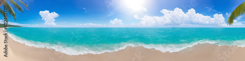 Panorama of ocean beach on a sunny day with waves crashing on the shore. Seascape illustration with sand beach  turquoise water  sun and sky with clouds. Generative AI