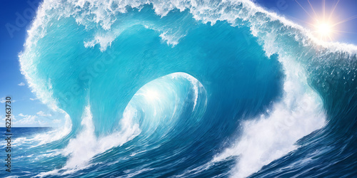 Gigant ocean wave on a sunny day. Seascape illustration with stormy sea, turquoise water, sun and blue sky. Generative AI