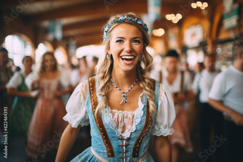 Oktoberfest waitress having fun and dancing at a beer festival event wearing a traditional costume