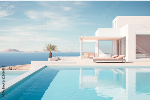 Large luxury beachside villa with a pool overlooking sea and a blue sky.
