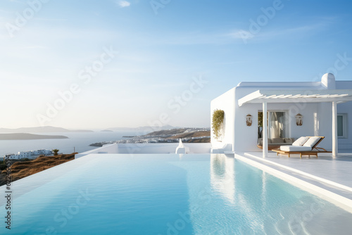 Large luxury beachside villa with a pool overlooking sea and a blue sky. © Saulo Collado