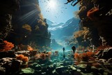 Nature's Living Kaleidoscope: Exploring the Splendor of a Sunlit Coral Reef, its Colors Dancing in Crystal Clear Waters, While a Scuba Diver's Fins Gracefully Fade Away Generative AI