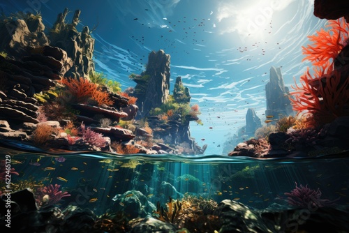 An Aquatic Spectacle Unveiled: Witnessing the Sublime Glory of a Sunlit Coral Reef through Pristine Waters, While the Flicker of a Distant Scuba Diver's Fins Adds to the Enigma Generative AI