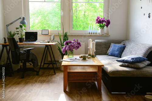 Interior of living room with beautiful lilac flowers, sofa, table and laptop