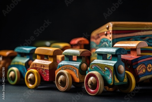 handmade wooden toys painted with patterns on a wooden table. folk art crafts. generative Ai, 