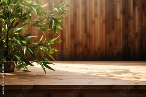 Tropical bamboo tree s leaf shadow delicately dancing on a chestnut wood panel background. Generative AI