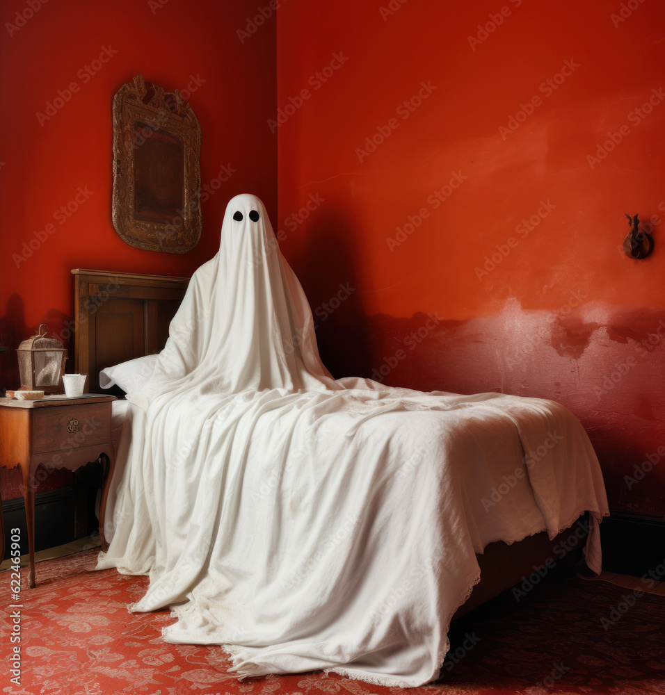 Spooky Halloween Ghost Sitting on a Bed in an Old, Red Room