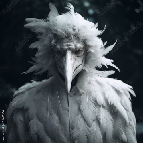 Halloween Portrait of a Person with White Feathers and a Long White Beak, Resembling A Creepy Bird