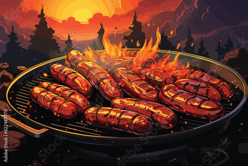cartoon vector illustration of Sizzling hot dog cartoon on a grill during a sunny cookout.