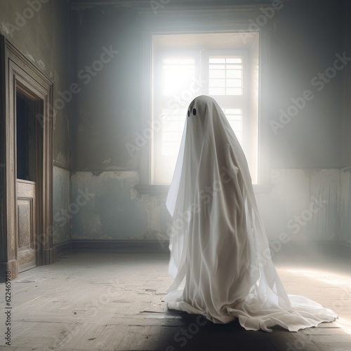 Spooky Halloween Ghost with Blank Eyes Standing in an Old, Bright, Foggy Room