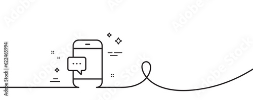 Smartphone Message icon. Continuous one line with curl. Cellphone or Phone messenger sign. Communication Mobile device with Chat symbol. Smartphone message single outline ribbon. Vector