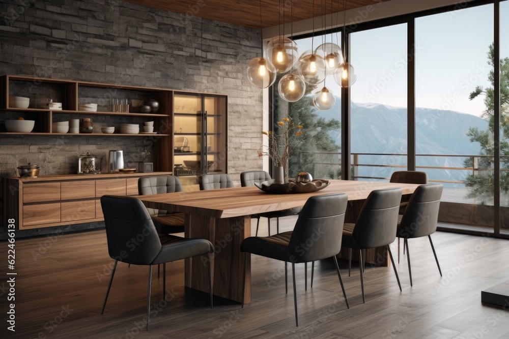 Fototapeta premium Bright spacious dining room with wooden big table. ai generative