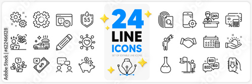 Icons set of Calendar, Brand ambassador and Food delivery line icons pack for app with Dating, Teamwork question, Download app thin outline icon. Ph neutral, Saving money. Design with 3d stars. Vector