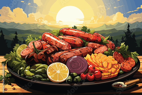 vector illustration of Mixed sausage platter with grilled and raw varieties at a picnic.