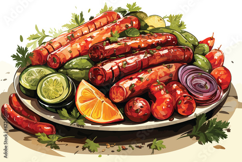 vector illustration of Mixed sausage platter with grilled and raw varieties at a picnic.