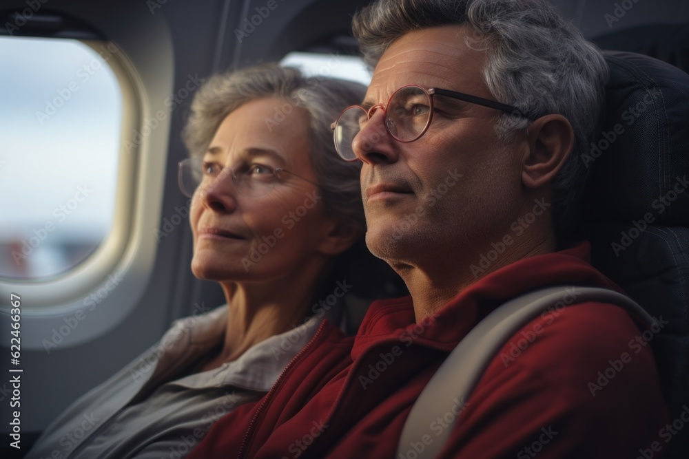 A man on a plane with a woman. Background with selective focus and copy space