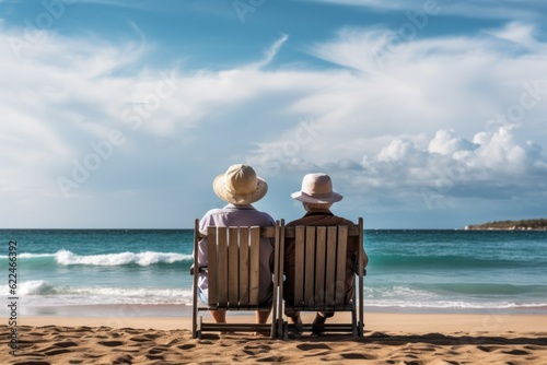 Canvas-taulu An elderly couple of pensioners spend time together relaxing on sun loungers