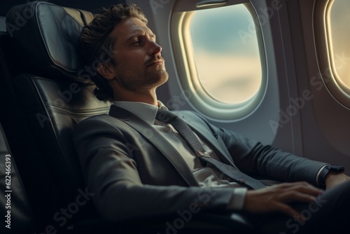 A man in an airplane at the porthole window. Background with selective focus