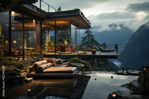 A modern exterior of a luxury villa in a minimal style. Glass house in the mountains. Magnificent mountain views from the veranda of a modern villa. Luxury glamping. Generative AI.