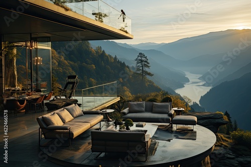  A modern exterior of a luxury villa in a minimal style. Glass house in the mountains. Magnificent mountain views from the veranda of a modern villa. Luxury glamping. Generative AI.