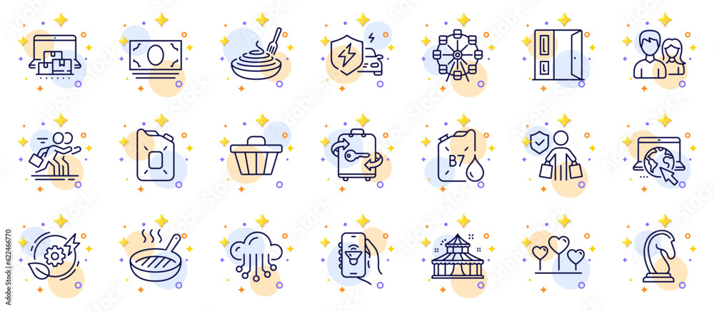 Outline set of Circus, Car charging and Shop cart line icons for web app. Include Ferris wheel, Ð¡ompetition, Marketing strategy pictogram icons. Teamwork, Diesel canister, Open door signs. Vector