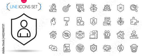 Pack of Puzzle, Table lamp and Work home line icons. Include Brand ambassador, Post package, Target pictogram icons. Security, Cyber attack, Device signs. Sleep, Phone puzzle, 24 hours. Vector