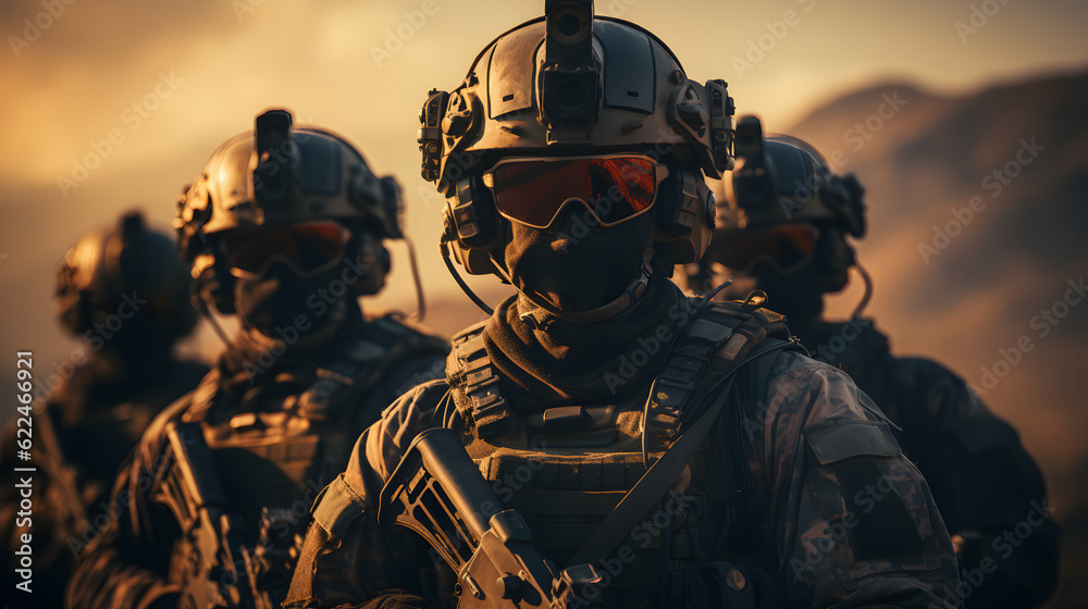 Squad of Three Fully Equipped and Armed Soldiers Standing on Hill in Desert Environment in Sunset Light Generative AI Squad of Three Fully Equipped and Armed Soldiers Standing on Hill in Desert Environment in Sunset Light Generative AI