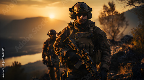 Squad of Three Fully Equipped and Armed Soldiers Standing on Hill in Desert Environment in Sunset Light Generative AI