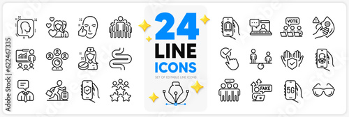 Icons set of Couple, Intestine and Friends chat line icons pack for app with Dirty mask, Security app, Delivery app thin outline icon. Healthy face, Business meeting, Employees group pictogram. Vector