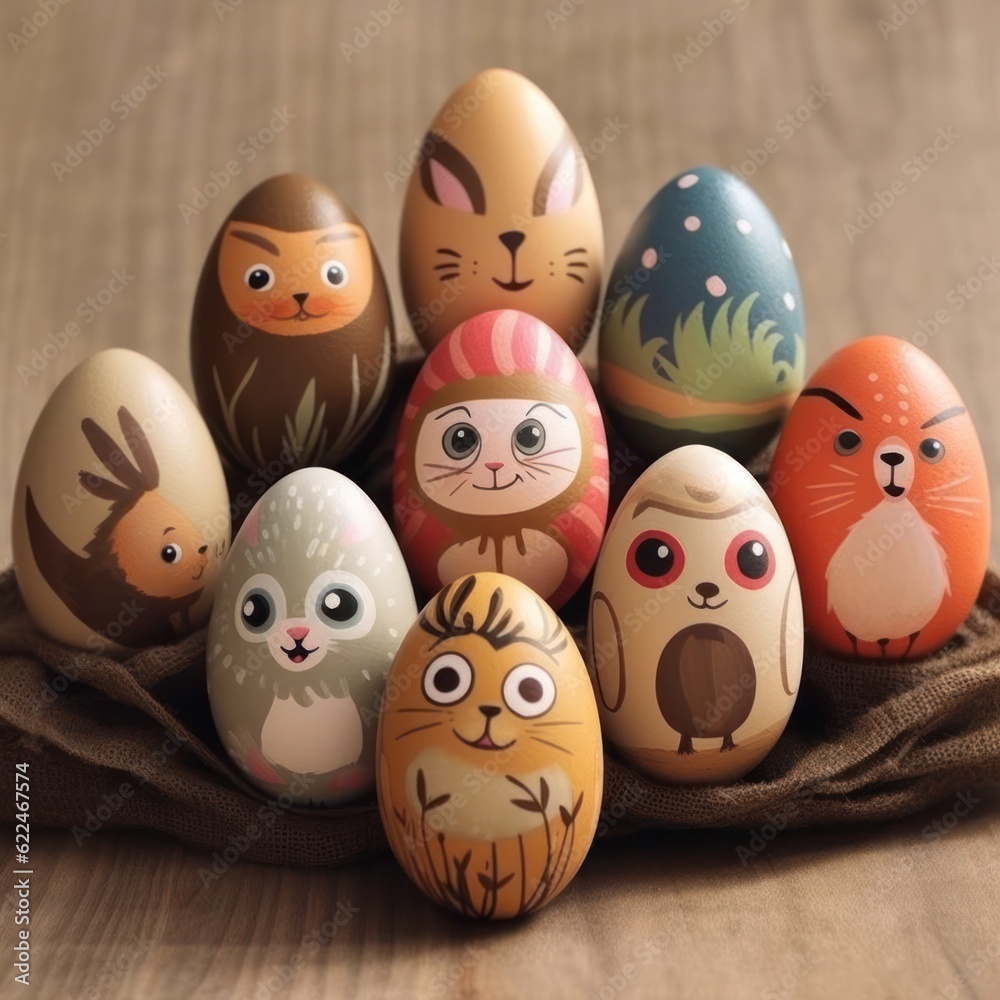 emotional colorful eggs on a wooden table. painted eggs with digital face elements eyes smile mouth characters. Generative AI emotional colorful eggs on a wooden table. painted eggs with digital face elements eyes smile mouth characters. Generative AI