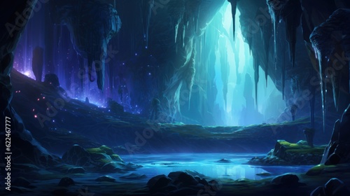Cascading waterfalls within the beauty cave, shimmering with a mesmerizing, otherworldly glow game art © Damian Sobczyk