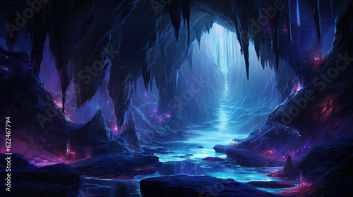 Cascading waterfalls within the beauty cave  shimmering with a mesmerizing  otherworldly glow game art