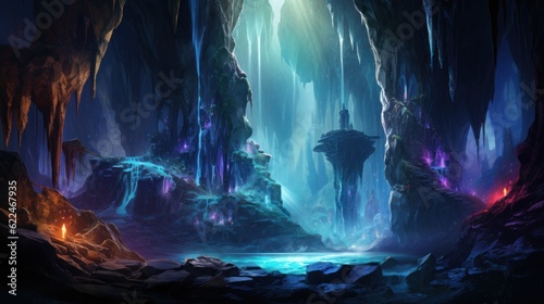 Cascading waterfalls within the beauty cave, shimmering with a mesmerizing, otherworldly glow game art