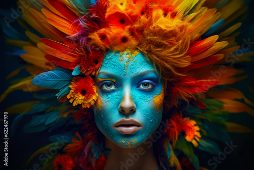 Model with Exotic Painted Face wearing Colorful Floral Headdress