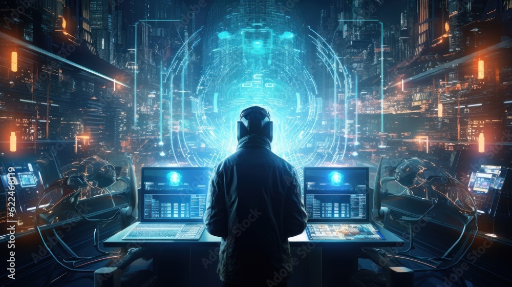 Depict a skilled cyberpunk hacker in a futuristic setting, surrounded by holographic interfaces, intricate code, and virtual reality elements Depict a skilled cyberpunk hacker in a futuristic setting, surrounded by holographic interfaces, intricate code, and virtual reality elements
