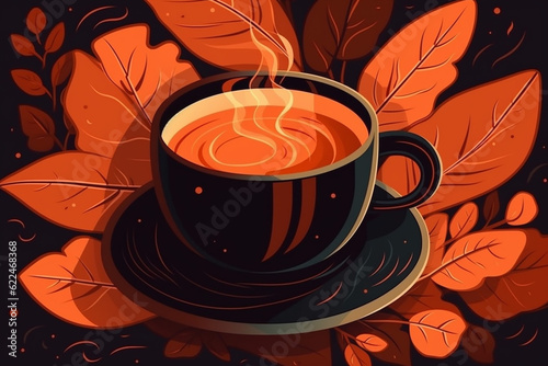 Coffee cup with a background of orange fall leaves AI-generated 