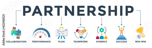Partnership banner web icon vector illustration concept with icon of collaboration, performance, plan, teamwork, synergy, success and win-win solution
