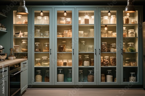kitchen with an organized and stylish pantry with glass jerry cans and metal containers. ai generative