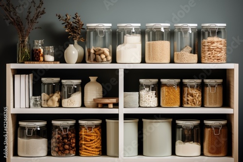 kitchen with an organized and stylish pantry with glass jerry cans and metal containers. ai generative photo