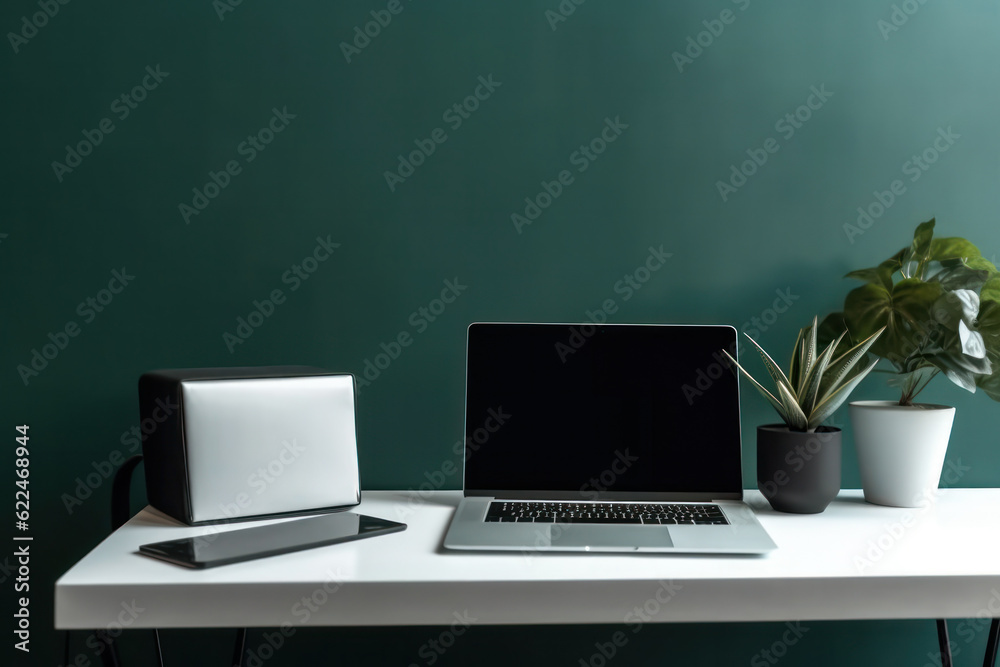 Fototapeta premium desktop with flower, notebook and office supplies on a colored background.Generative AI