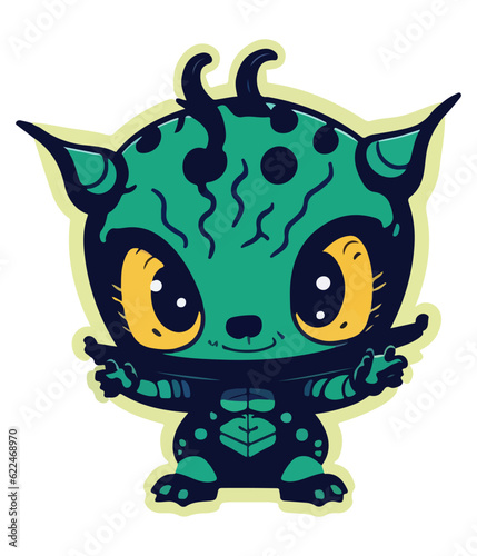 Cute space alien sticker. Alien with ufo in flat cartoon style.