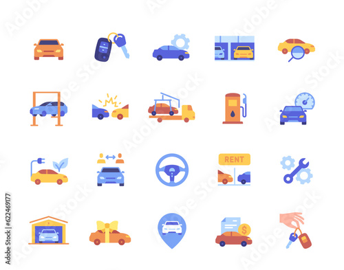 Auto colorful icons set. Simple stickers with fix and technical overview, dealership and vehicle rental. Simple badges with car and trip. Cartoon flat vector collection isolated on white background