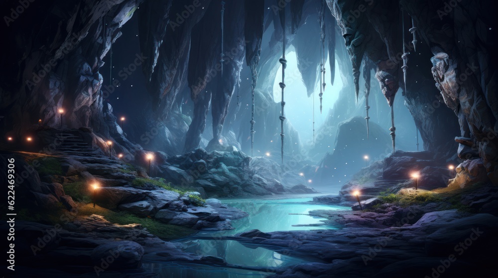 Twisted, shimmering vines that intertwine with the cave's rock formations, giving off a soft, enchanting glow game art