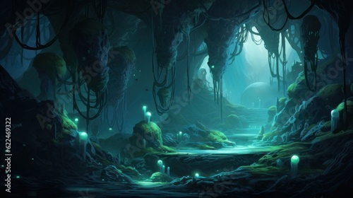 Twisted, shimmering vines that intertwine with the cave's rock formations, giving off a soft, enchanting glow game art